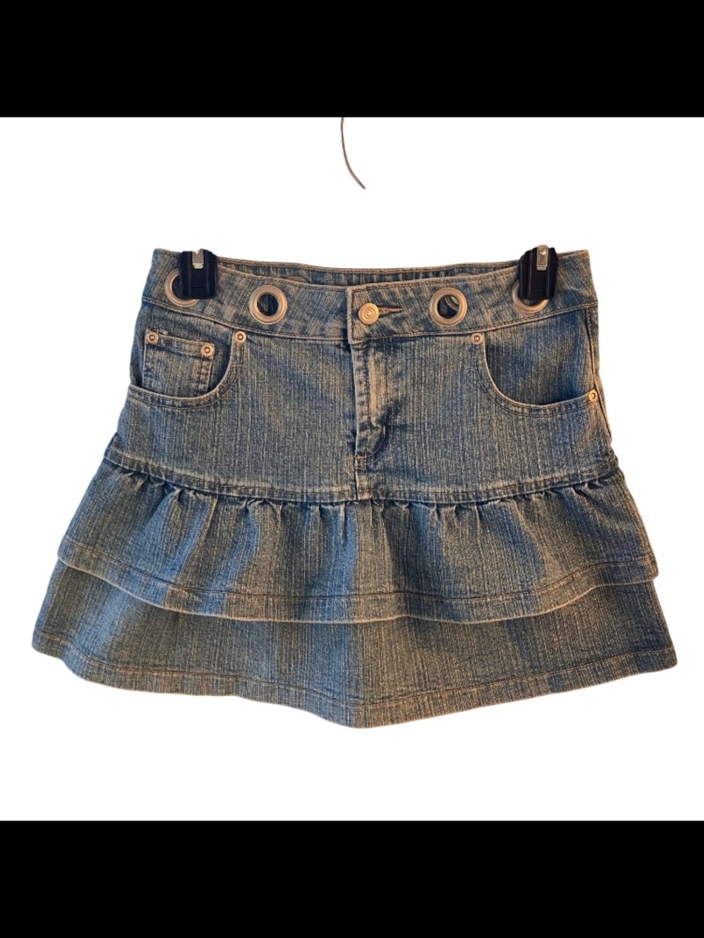 Xhilaration Denim Mini Skirt Size L Y2K Ruffle Tiered Layered Belt Loops Grunge